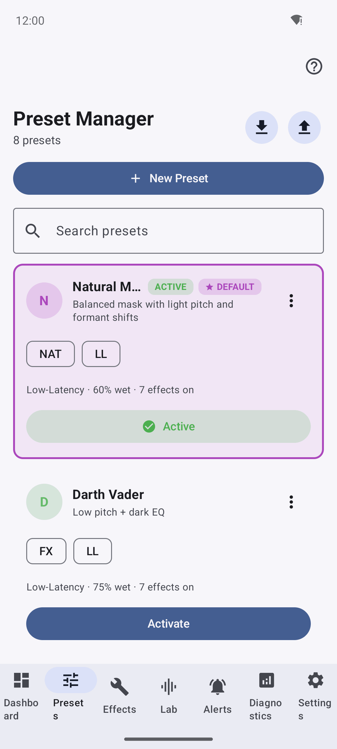 Preset Manager with Natural Mask active among eight presets