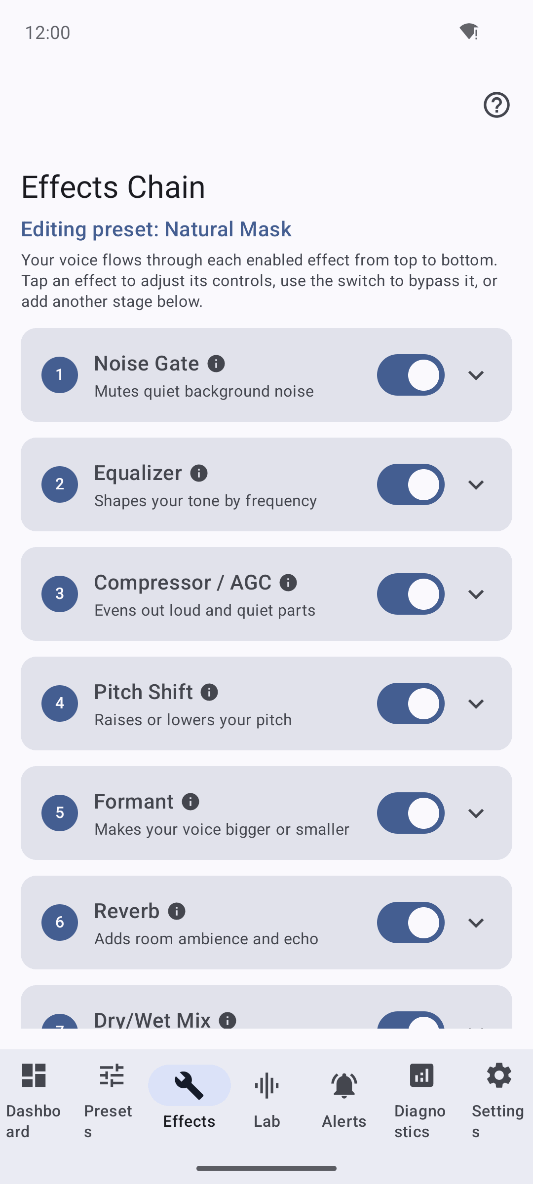 Effects chain editor listing the seven-stage chain