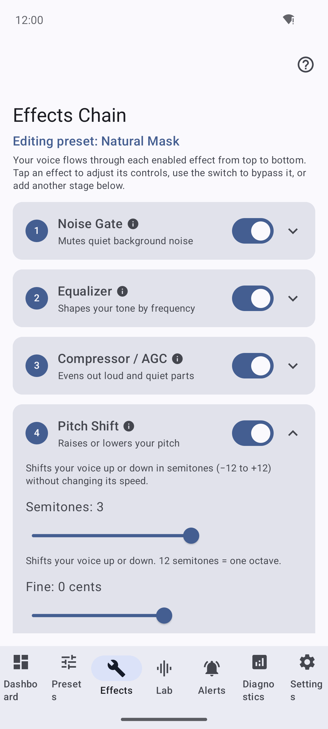 Echidna Effects editor showing per-app pitch and formant controls for the outgoing microphone chain.