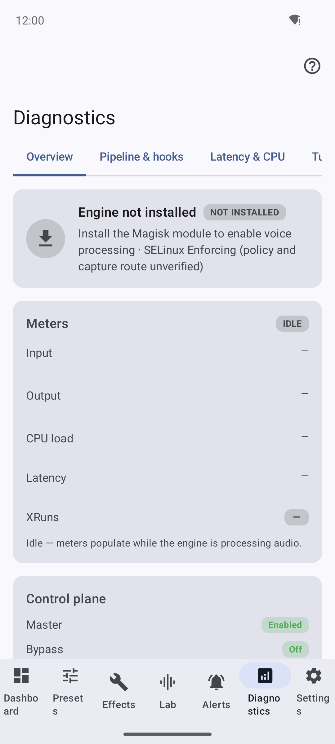 Echidna Diagnostics screen on an unrooted device showing empty telemetry