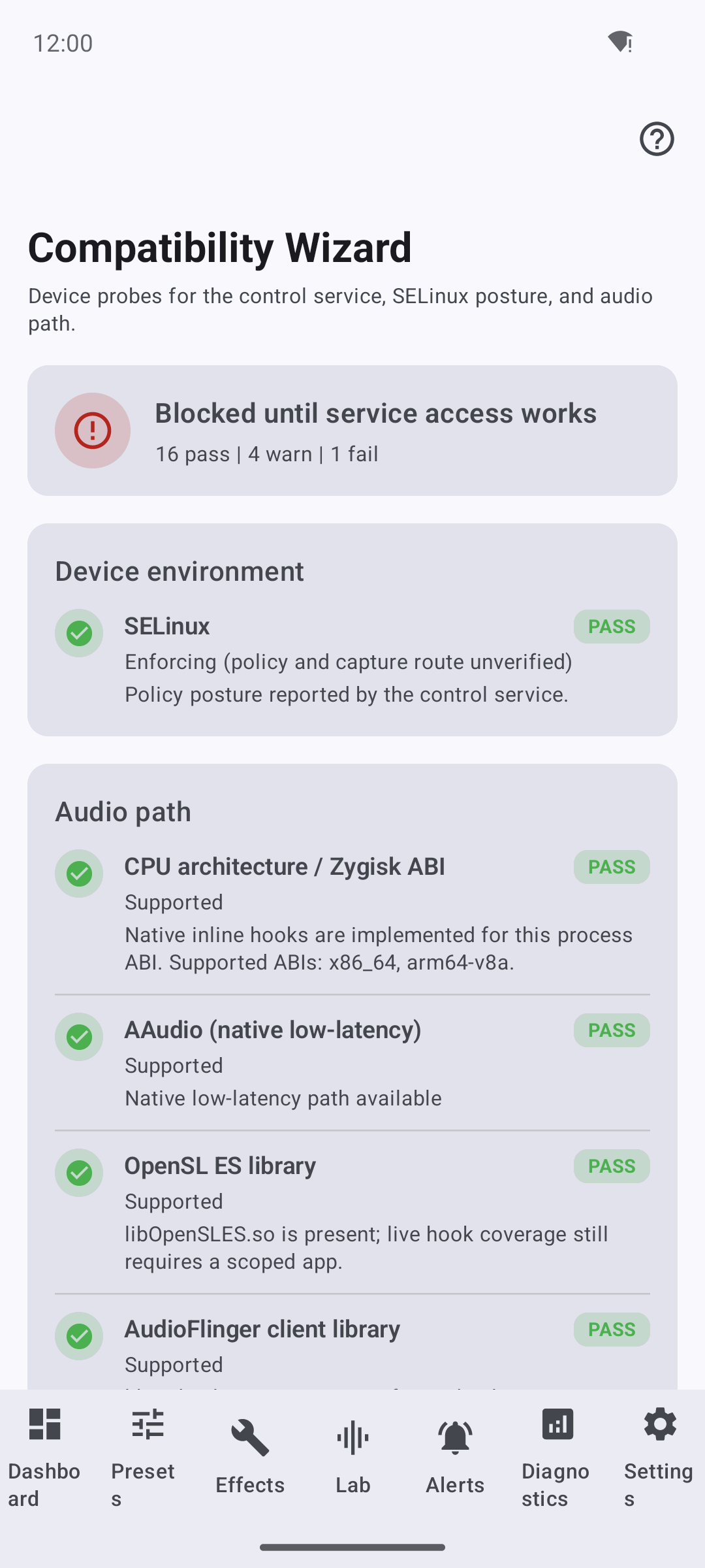 Compatibility Wizard reporting a blocked verdict from real device probes