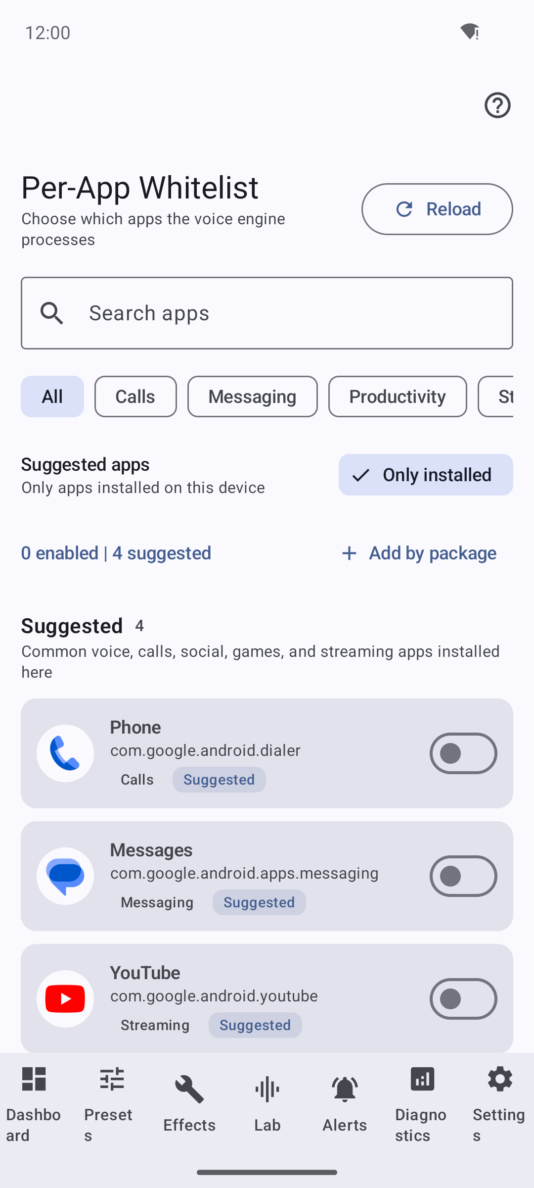 Per-App Whitelist with the Only-installed filter and single-line app tags