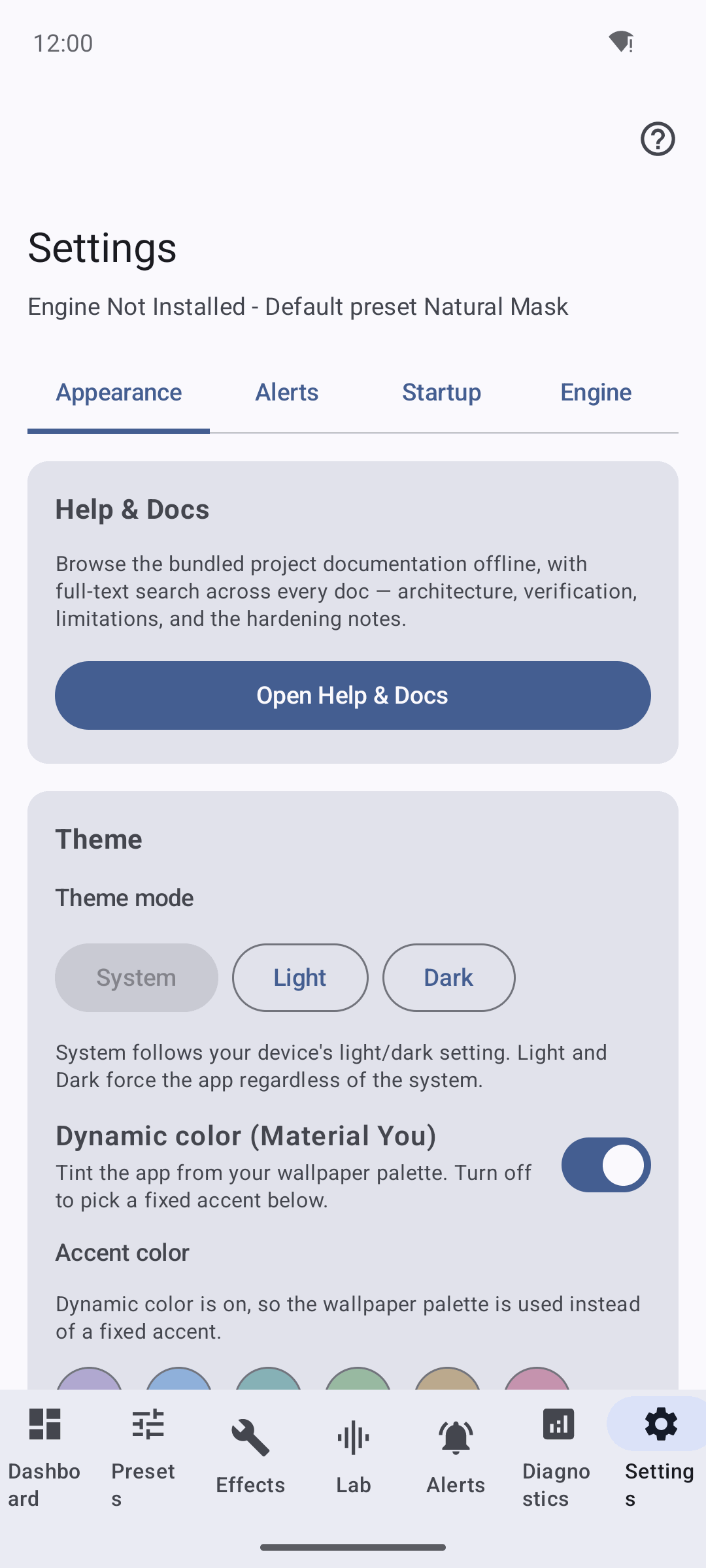 Settings appearance tab with theme, Material You and Help entry
