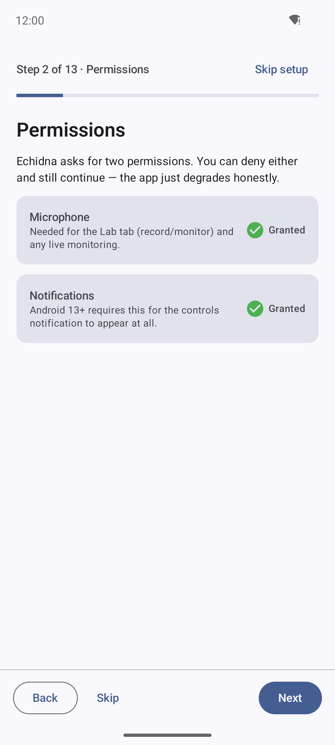 Echidna wizard Permissions step: Microphone and Notifications rows