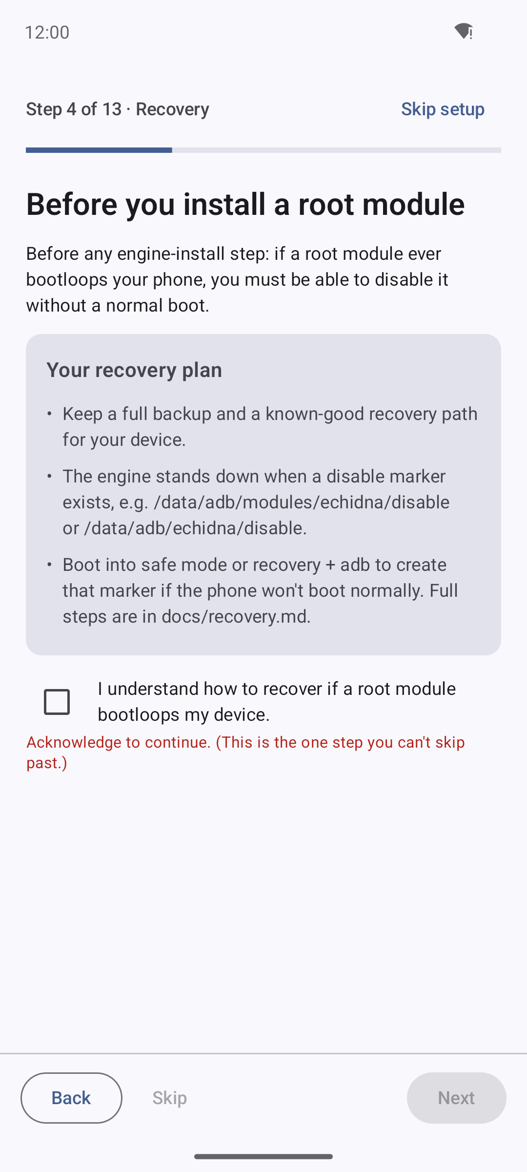 Echidna wizard Recovery step with the mandatory acknowledgement checkbox