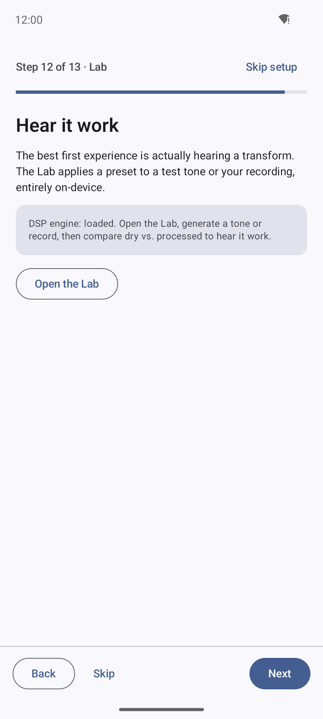 Echidna wizard step steering you to the Lab, DSP engine loaded