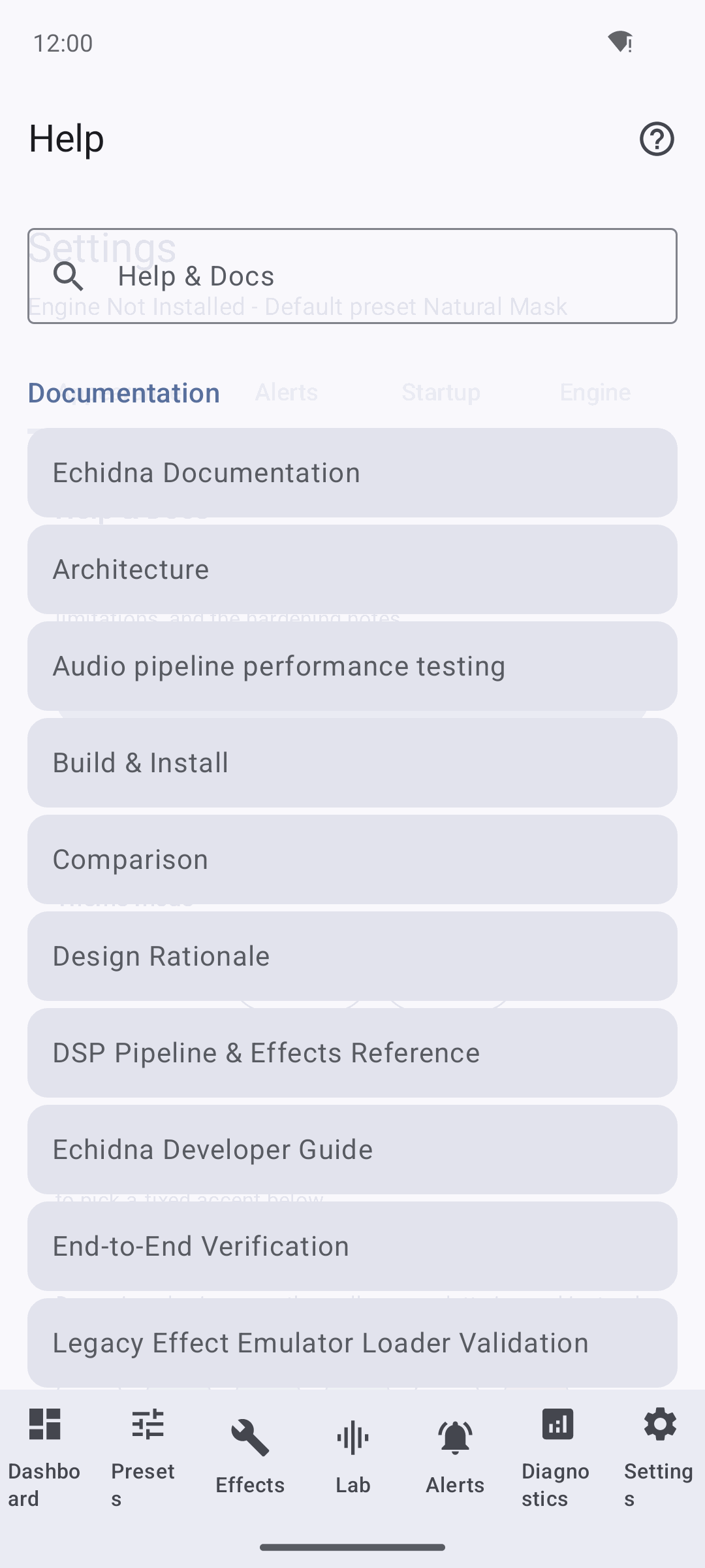 Echidna Help tab: bundled docs grouped by section with a search field