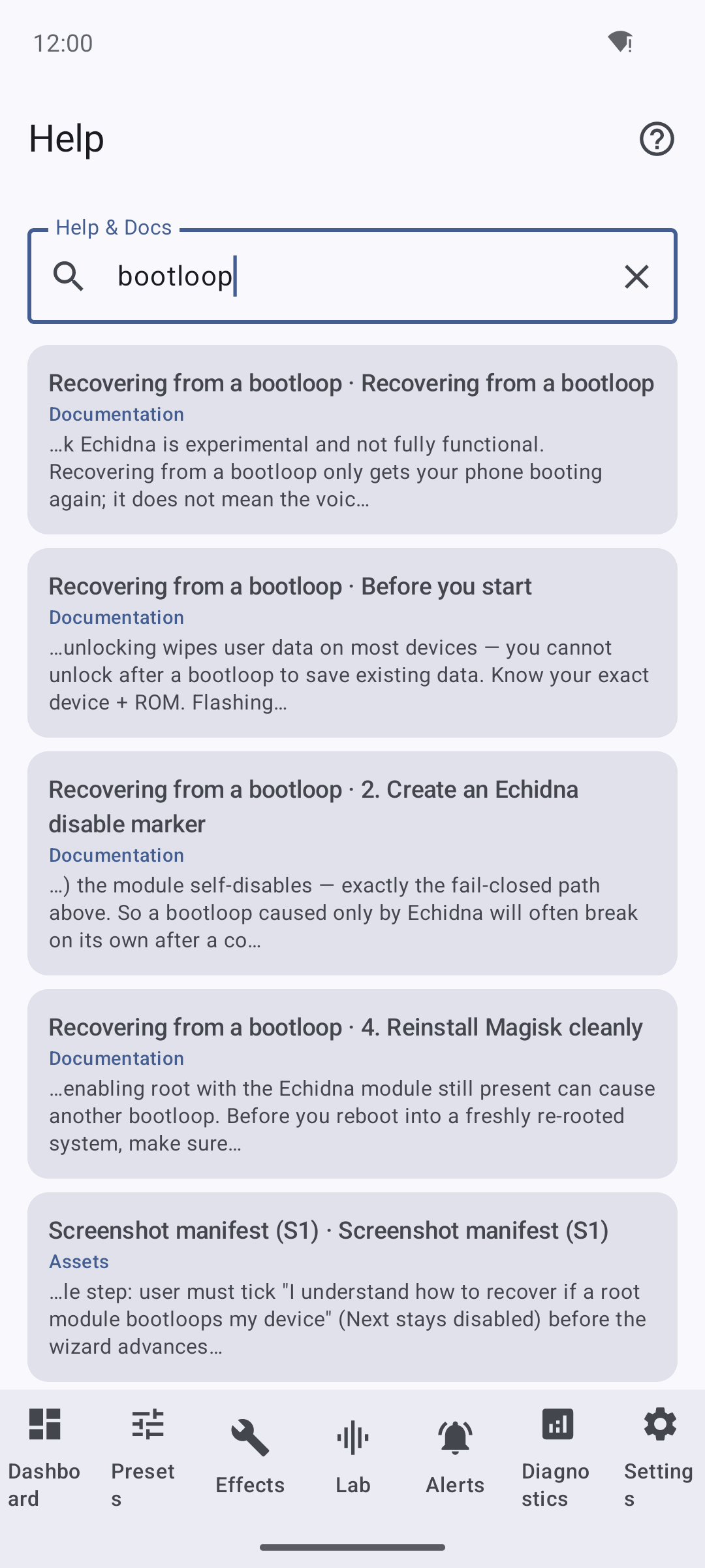 Echidna Help search results ranked by relevance with snippets