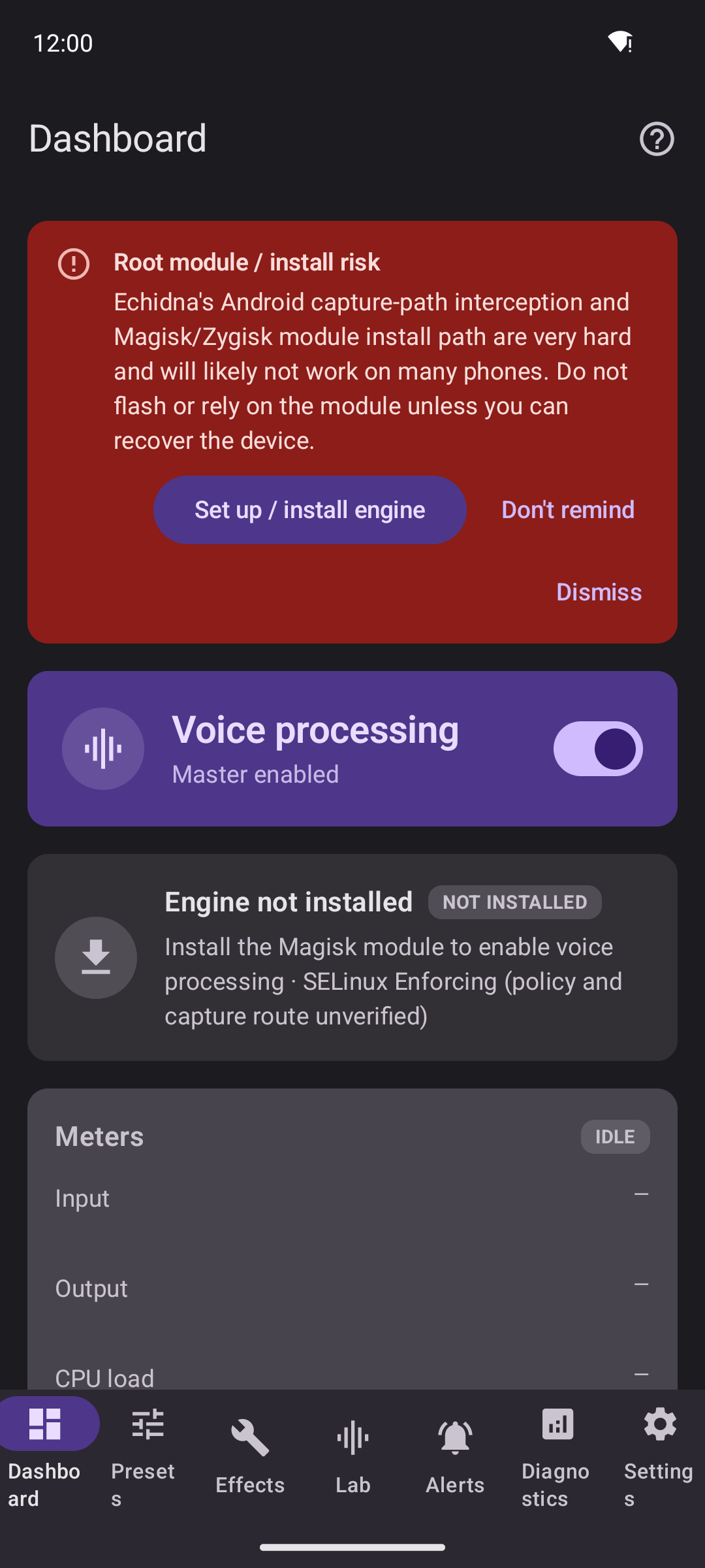 App dashboard in dark theme with a violet accent