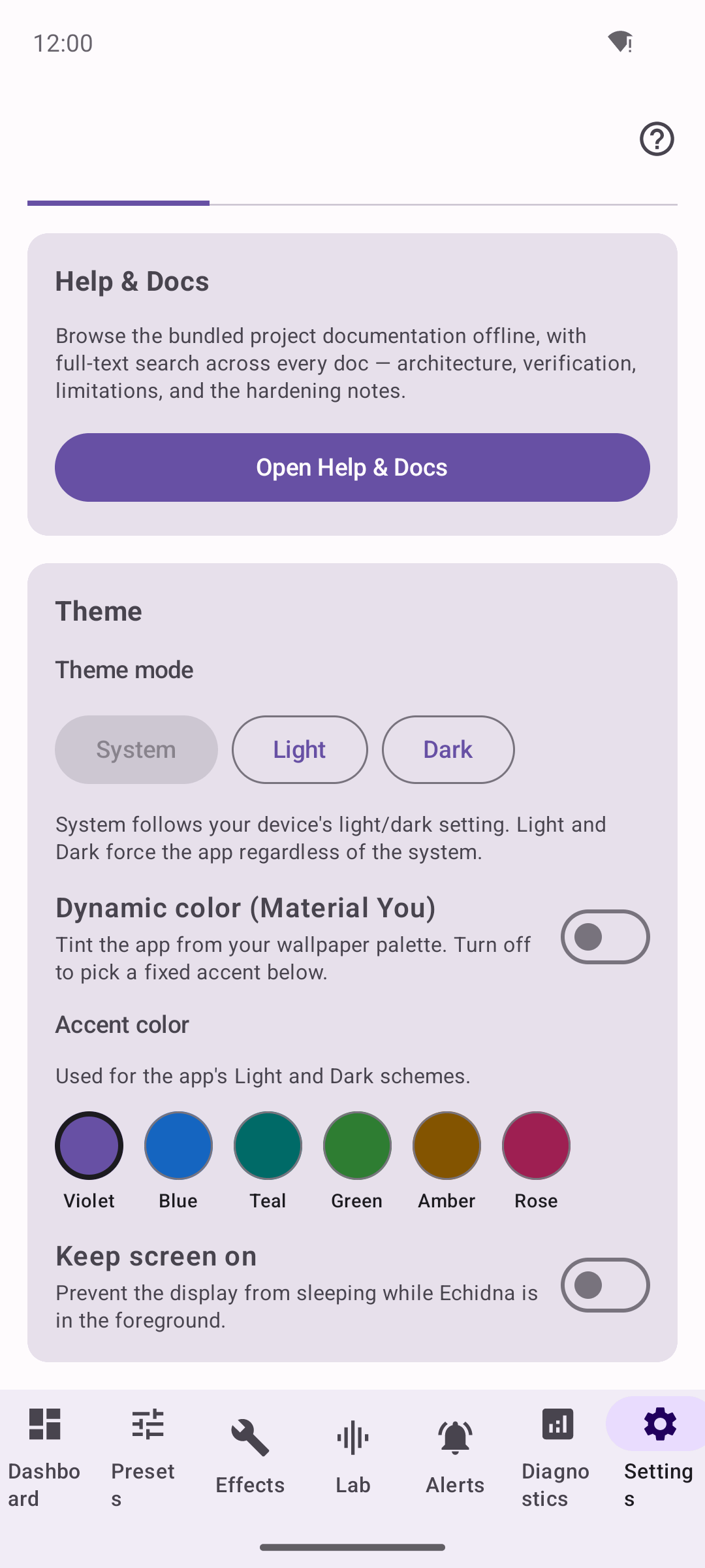 Appearance settings with the accent-colour picker and Material You toggle