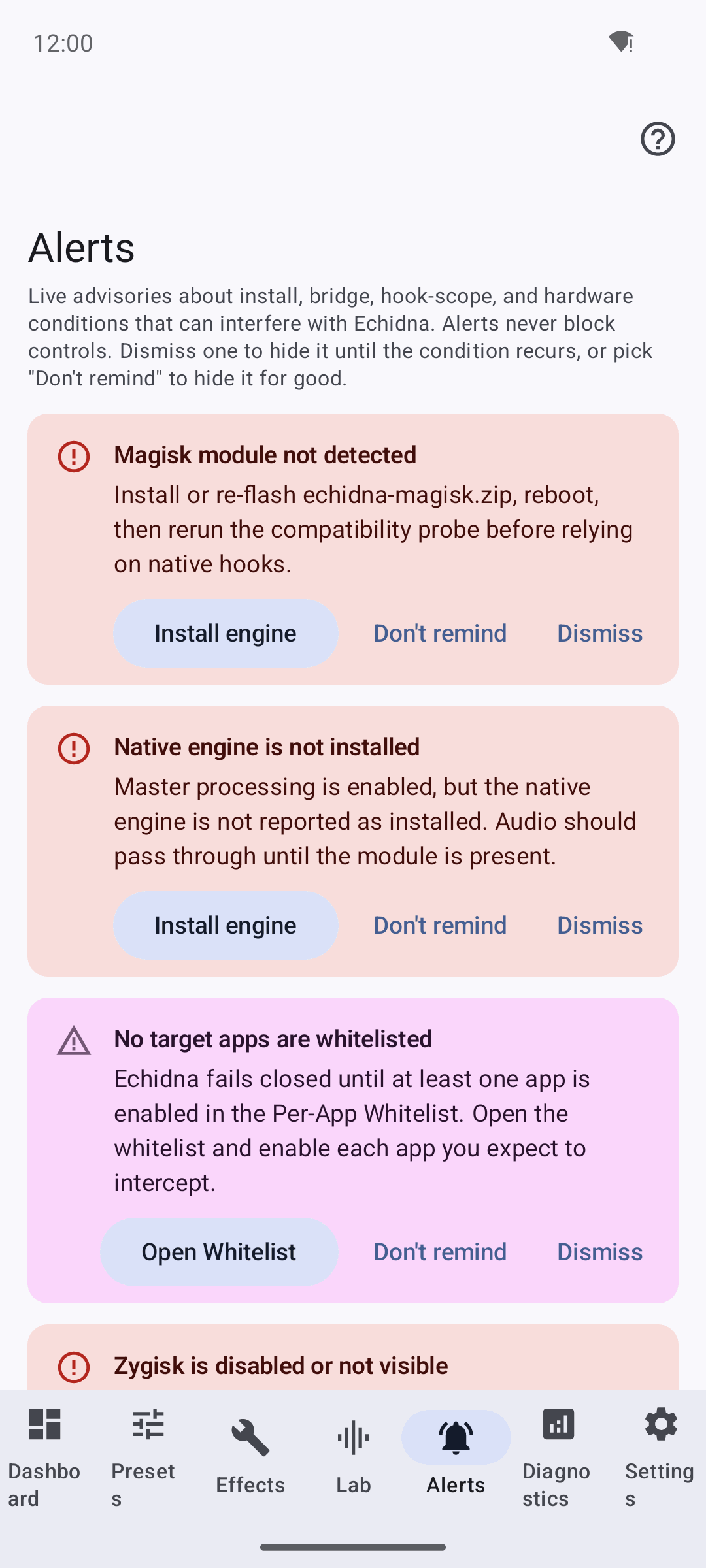 Alerts tab listing dismissible advisories