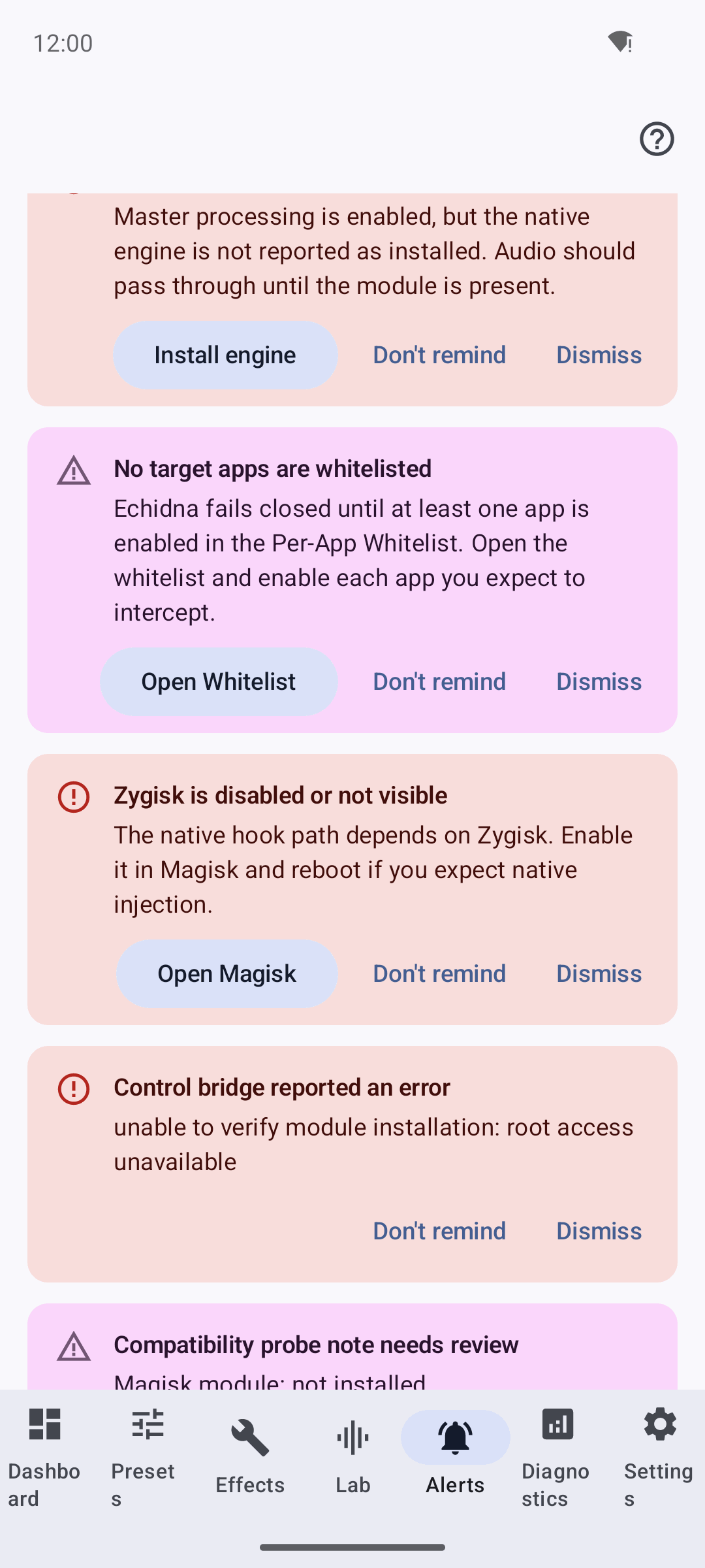 Alerts with actionable buttons such as Open Whitelist and Open Magisk