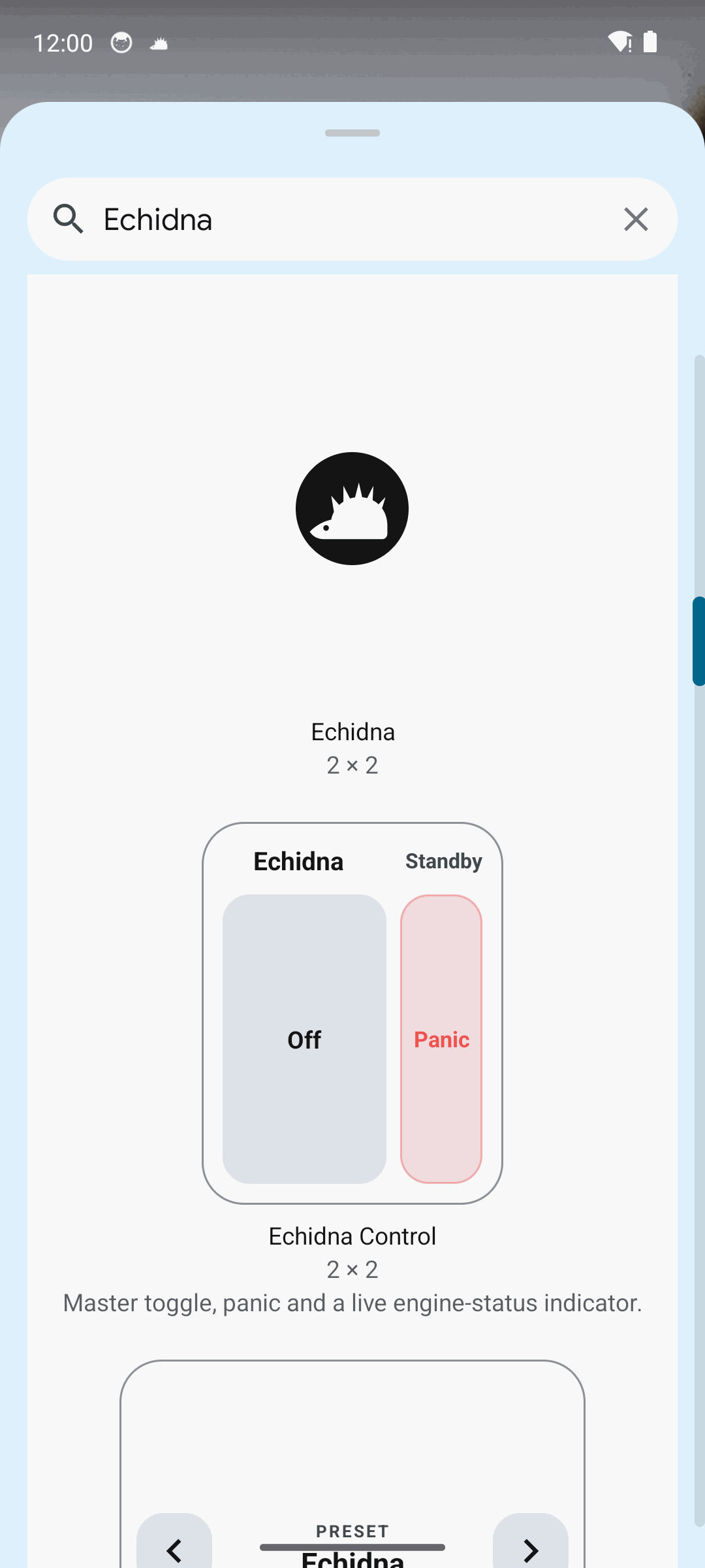 Widget picker previewing the three Echidna home-screen widgets
