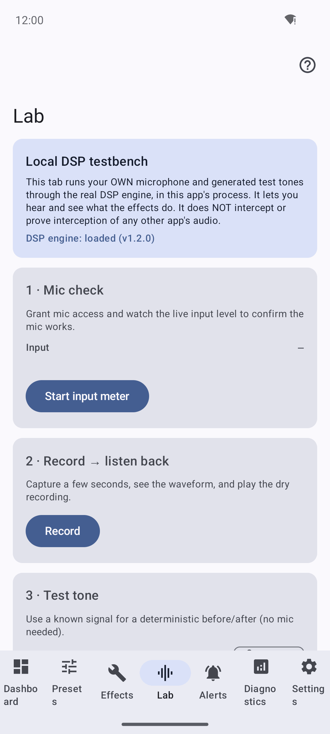 Echidna Lab intro card: local DSP testbench that does NOT intercept other apps